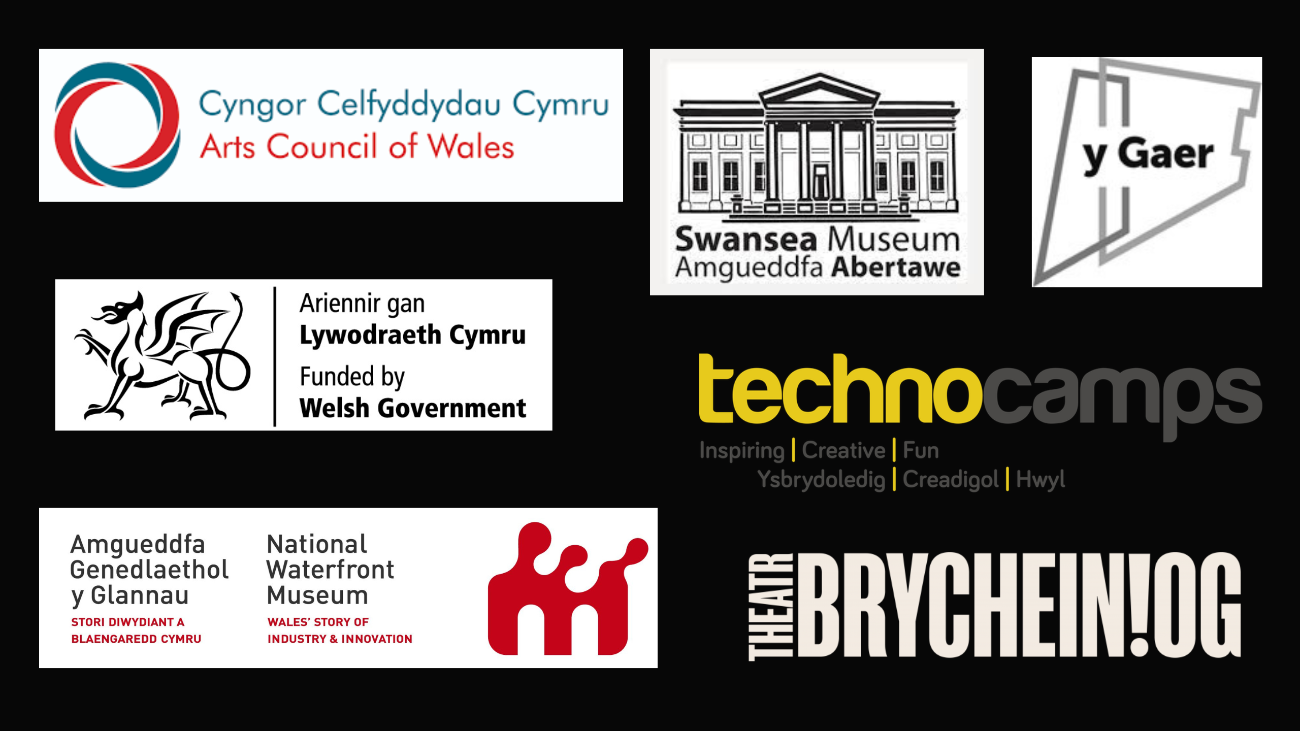 Image showing the logos of the Arts Council of Wales, Swansea Museum, y Gaer, Welsh Government, Technocamps, The National Waterfront Museum and Theatr Brycheiniog