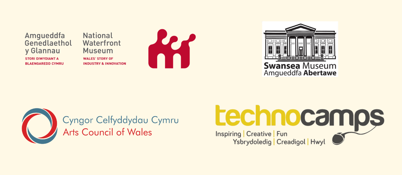 Llun yn dangos logos o Gyngor Celfyddydau Cymru, Amgueddfa Abertawe, Technocamps, ac Amgueddfa Genedlaethol y Glannau