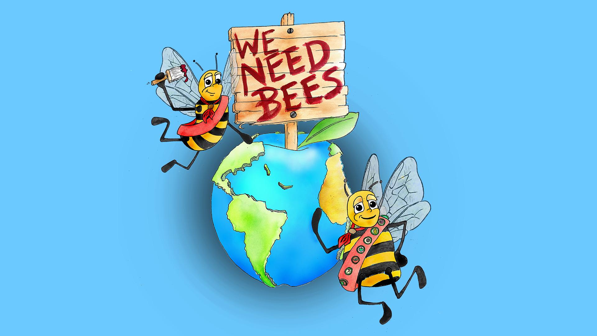 Illustration of two bees, an apple and a wooden sign with We Need Bees painted on it