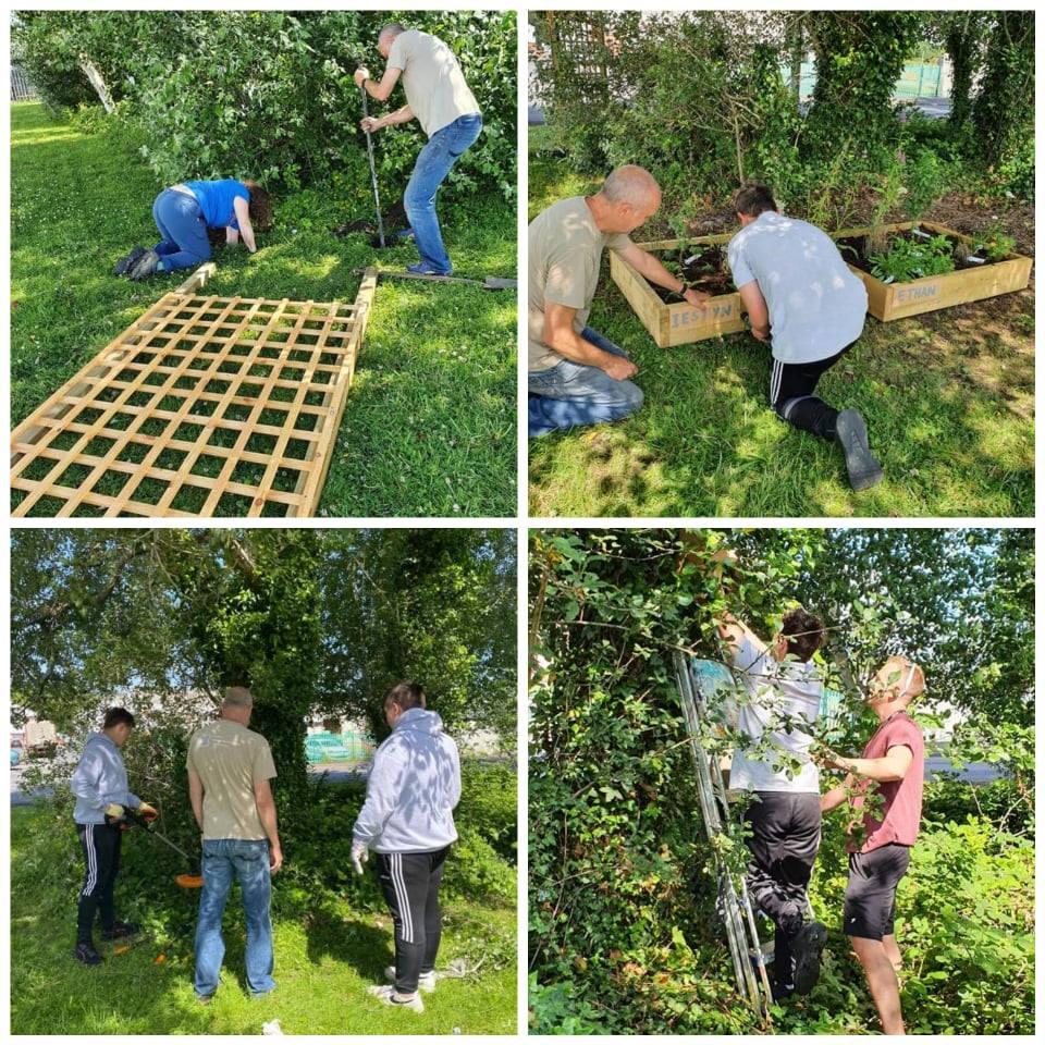 A four picture collage of people helping to install a pollinator garden